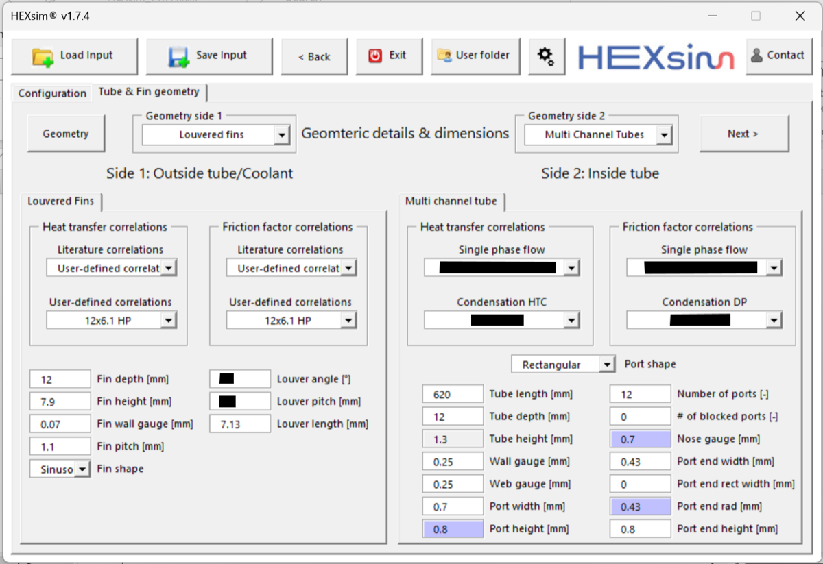 HEXsim tube and fin geometry configuration screen