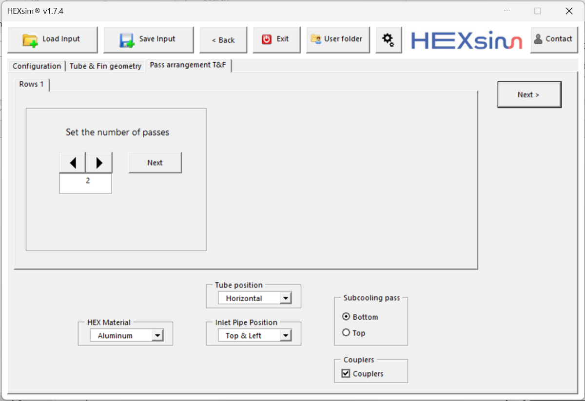 HEXsim pass arrangement and tube configuration screen