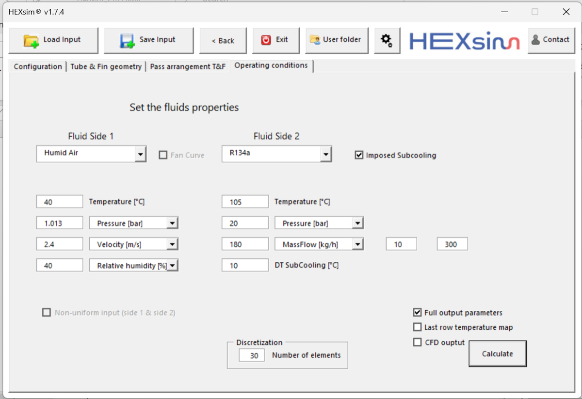 HEXsim operating conditions — fluid properties and calculation setup
